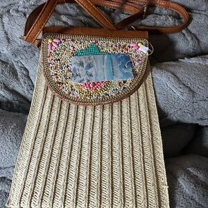 Beaded Tan and Cream Crossbody Bag